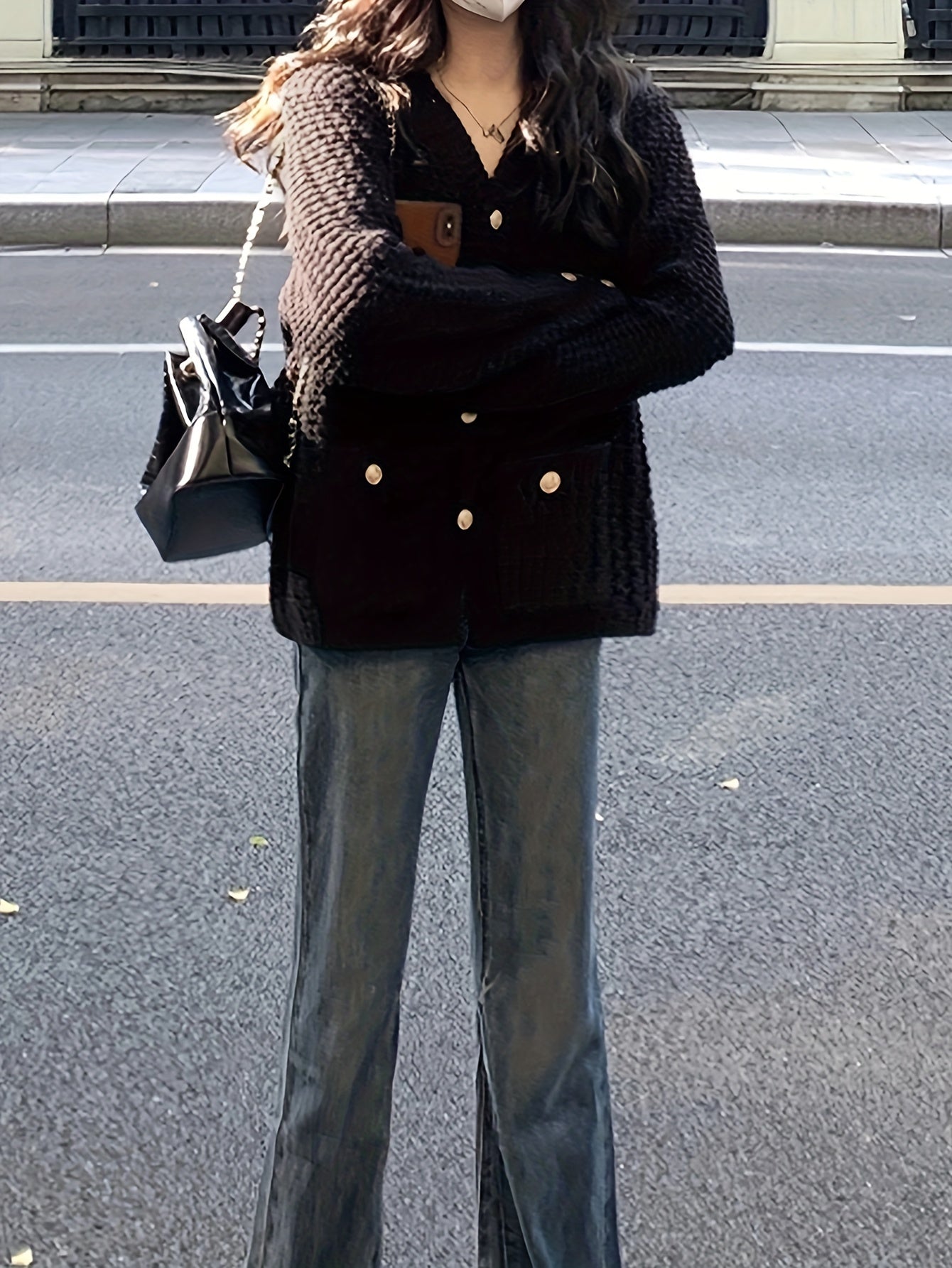 Sixsr Solid Button Down Chunky Knit Cardigan, Vintage Long Sleeve Sweater Coat With Pocket, Women's Clothing