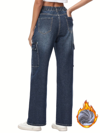 Sixsr Plush Lined Washed Straight Jeans, Flap Pockets Loose Fit Elastic Waist Cargo Pants, Women's Denim Jeans & Clothing