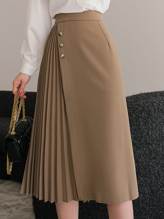Sixsr Solid High Waist Pleated Skirt, Elegant Button A Line Midi Skirt, Women's Clothing