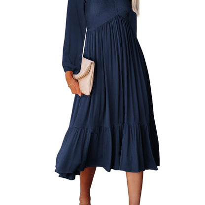 Sixsr Casual Solid Draped Midi Dress, Sexy Long Sleeve V-neck Loose Flowy Swing Babydoll Dresses, Women's Clothing