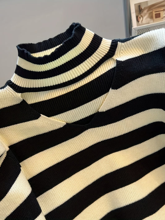 Sixsr Striped Turtle Neck Cut Out Sweater, Casual Long Sleeve Sweater For Spring & Fall, Women's Clothing
