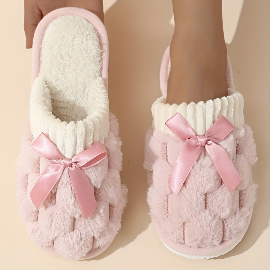 Cozy Warm Slippers - Soft, Slip-Resistant, Fluffy, Flat, Bowknot Decorated, Plush, Winter Shoes for Cold Weather - Indoor, Outdoor, Non-Slip, Comfortable, Easy Slip-On Design