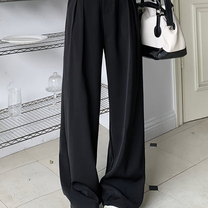 Sixsr Button Front Straight Leg Pants, Casual Pleated Pocket High Waist Pants, Women's Clothing