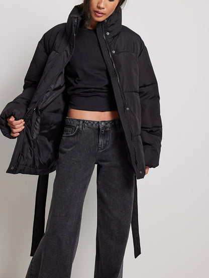 Sixsr Solid Zip & Button Front Coat, Casual Stand Collar Long Sleeve Winter Warm Outerwear, Women's Clothing