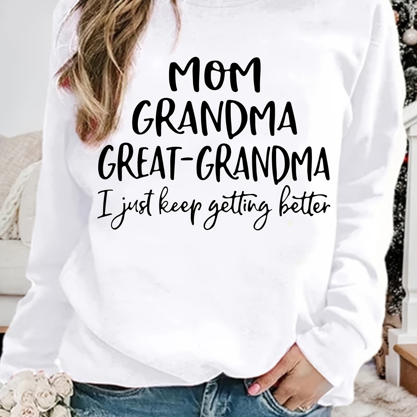 Sixsr Grandma Letter Print Solid Pullover, Long Sleeve Crew Neck Casual Sweatshirt, Women's Clothing