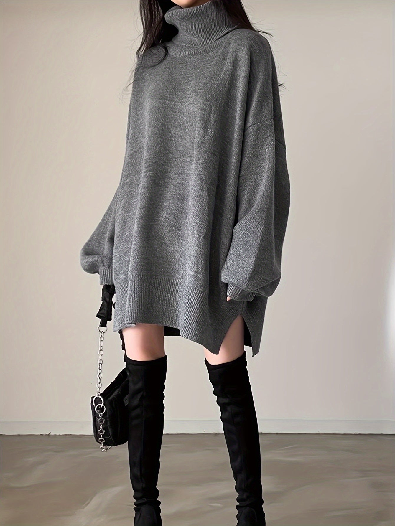 Sixsr Solid Turtle Neck Oversized Sweater, Casual Long Sleeve Split Sweater, Women's Clothing