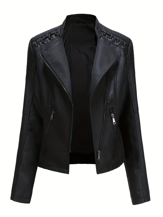 Sixsr Zipper Faux Leather Jacket, Casual Solid Long Sleeve Outerwear, Women's Clothing