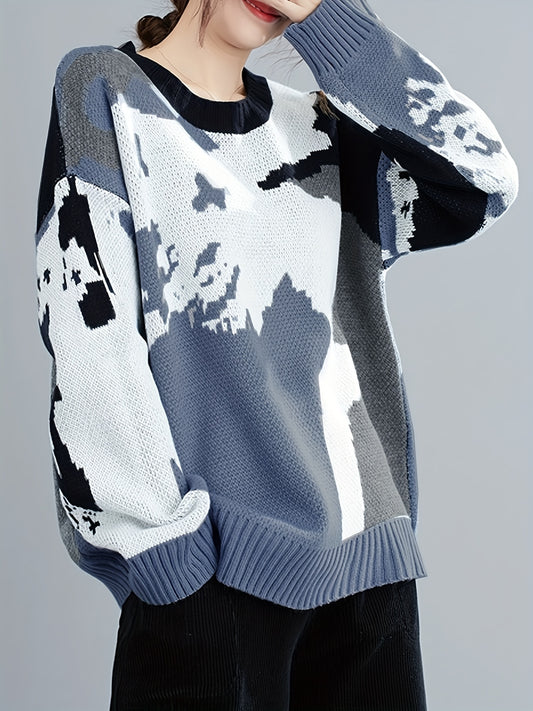 Sixsr Random Pattern Crew Neck Sweater, Casual Long Sleeve Sweater For Fall & Winter, Women's Clothing