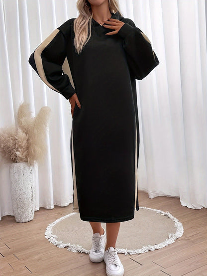 Sixsr Striped Hooded Midi Dress, Elegant Long Sleeve Loose Dress, Women's Clothing