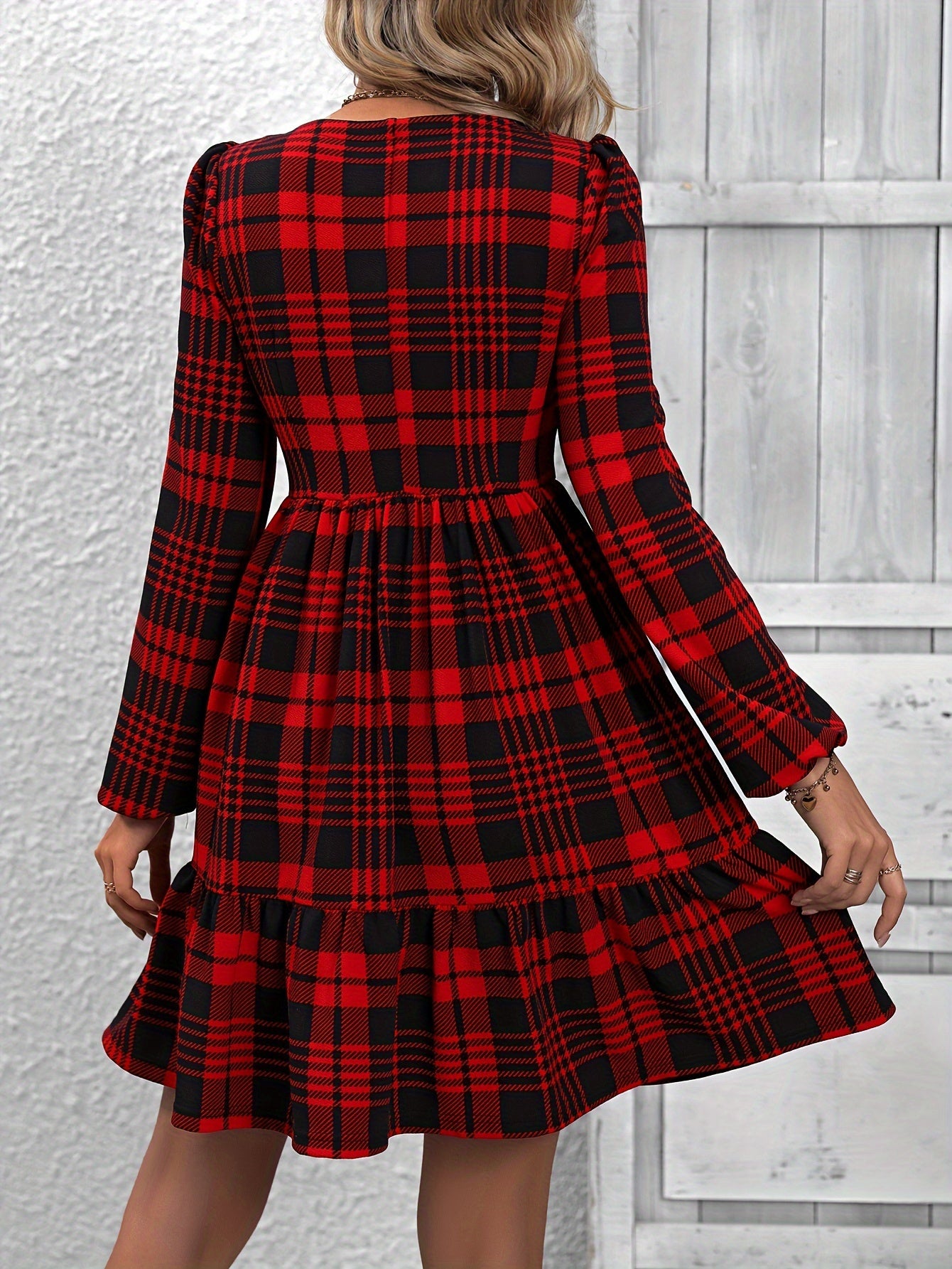 Sixsr Plaid Pattern Square Neck Dress, Vintage Lantern Sleeve Dress For Spring & Fall, Women's Clothing