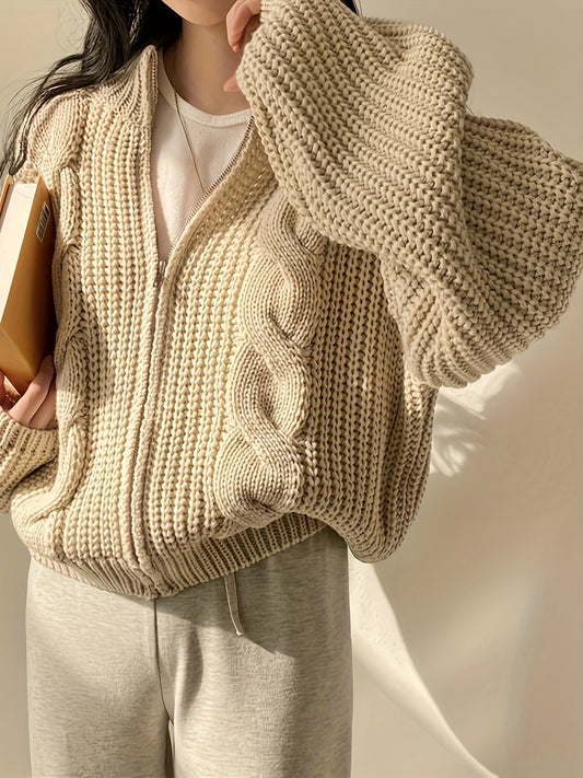 Sixsr Solid Zip Up Chunky Knit Cardigan, Vintage Long Sleeve Loose Sweater, Women's Clothing