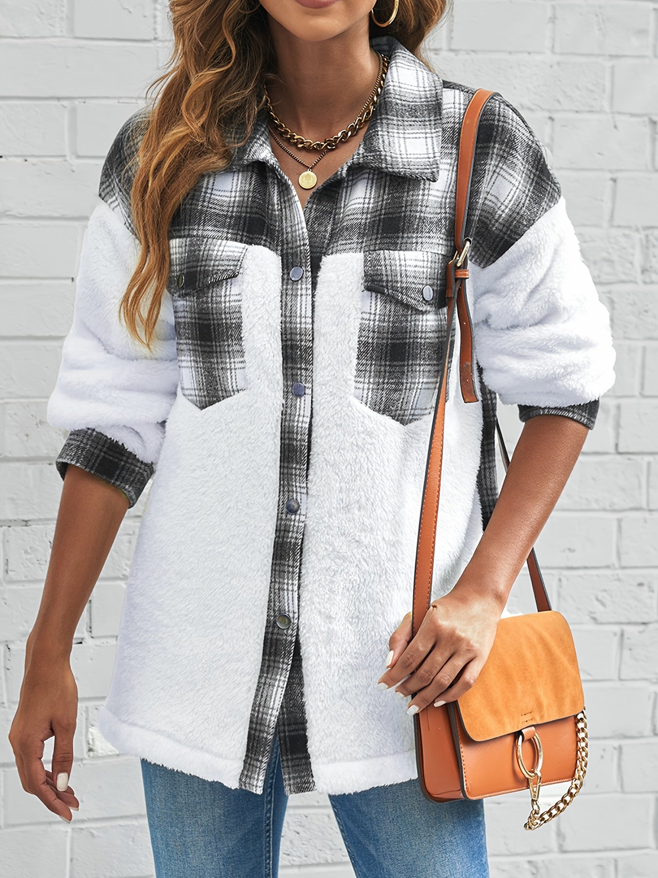 Sixsr Plaid Print Splicing Jacket, Casual Button Front Long Sleeve Outerwear, Women's Clothing