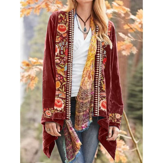 Ladies Velvet Print Cardigan Red Coat Long Sleeve Palace Style Fashion Vintage Ladies Fall Coat Casual Loose Women Jacket Coat