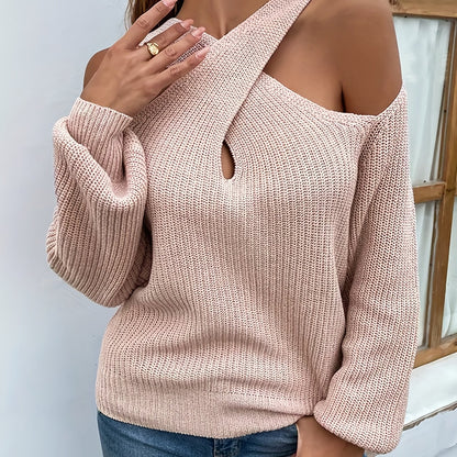 Sixsr Plus Size Casual Sweater, Women's Plus Solid Cross Neck Cold Shoulder Long Sleeve Slight Stretch Sweater