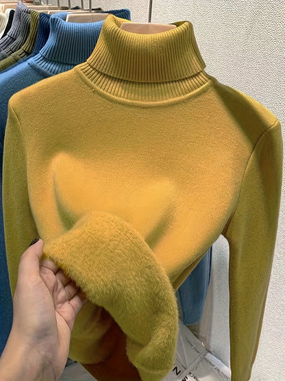 Sixsr Solid Turtle Neck Fleece Pullover Sweater, Elegant Long Sleeve Slim Thermal Sweater, Women's Clothing