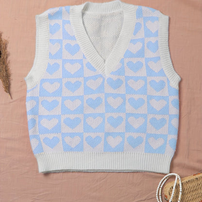 Sixsr Heart Pattern V Neck Knitted Vest, Y2K Sleeveless Vest For Spring & Fall, Women's Clothing