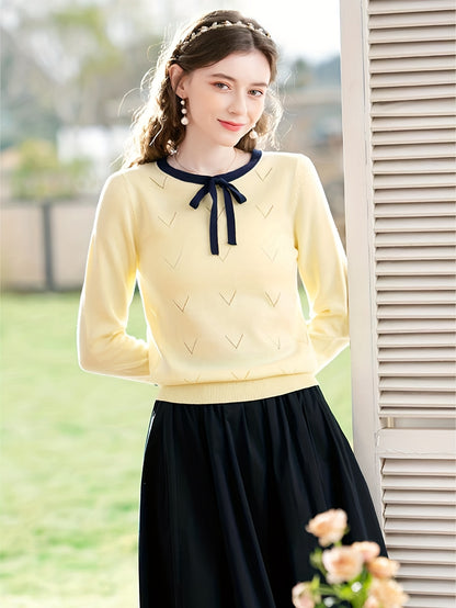 Elegant Women's Knit Sweater with Bow Tie Detail - Comfy and Stylish for Spring and Summer