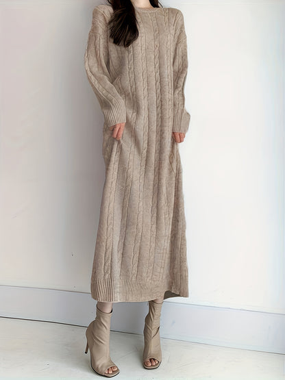 Sixsr Cable Knit Maxi Dress, Elegant Crew Neck Long Sleeve Dress, Women's Clothing