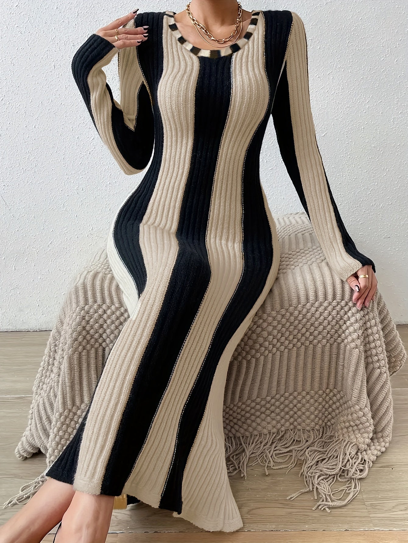 Contrast Trim Crew Neck Dress, Elegant Long Sleeve Bodycon Knitted Dress For Spring & Fall, Women's Clothing