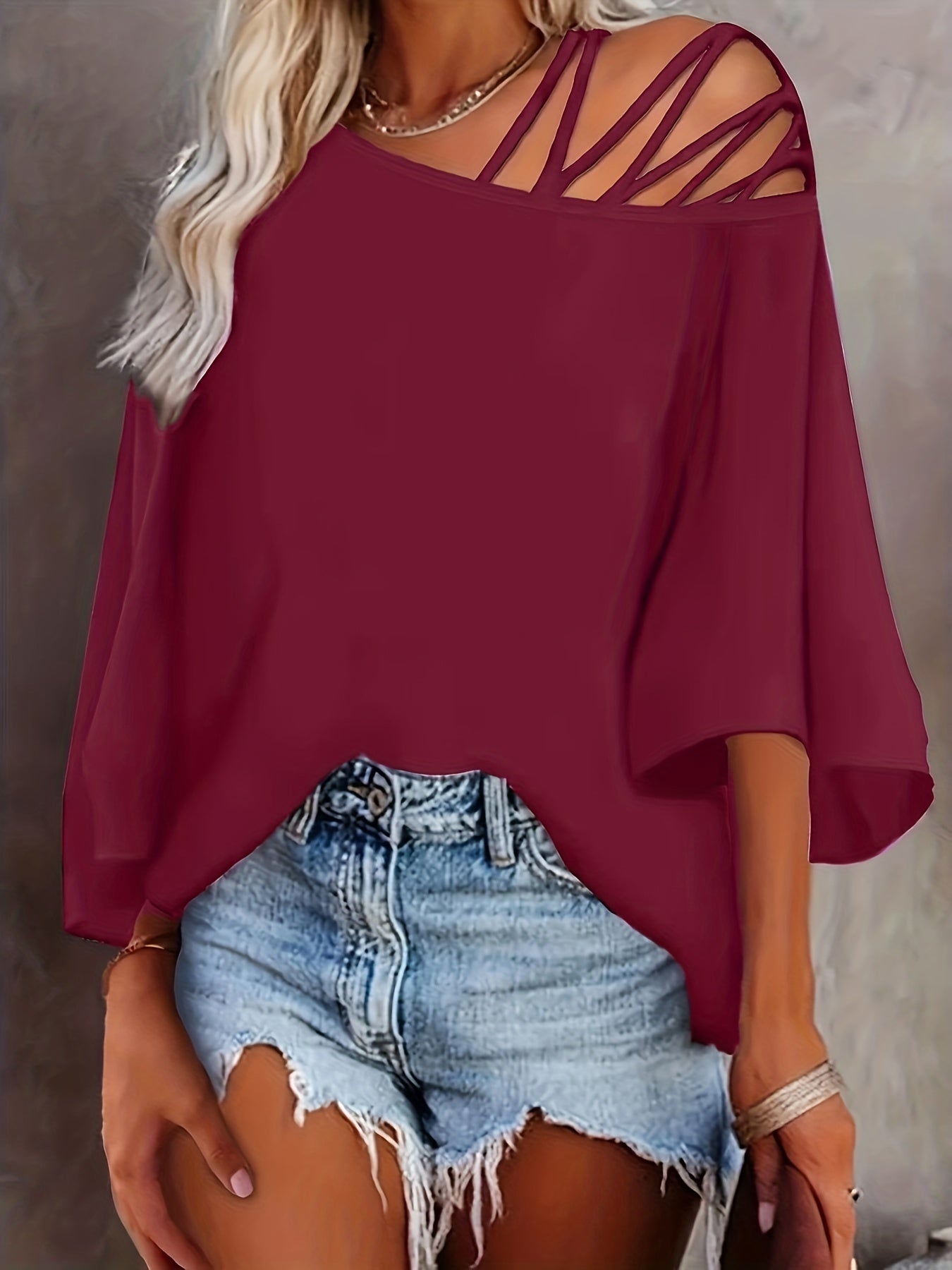 Cold Shoulder Criss Cross T-Shirt, Casual Crew Neck Long Sleeve T-Shirt For Spring & Summer, Women's Clothing