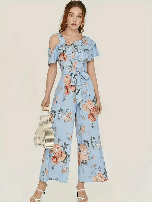 Floral Print Wide Leg Jumpsuit, Boho Ruffle Layered Hem Jumpsuit For Spring & Summer, Women's Clothing