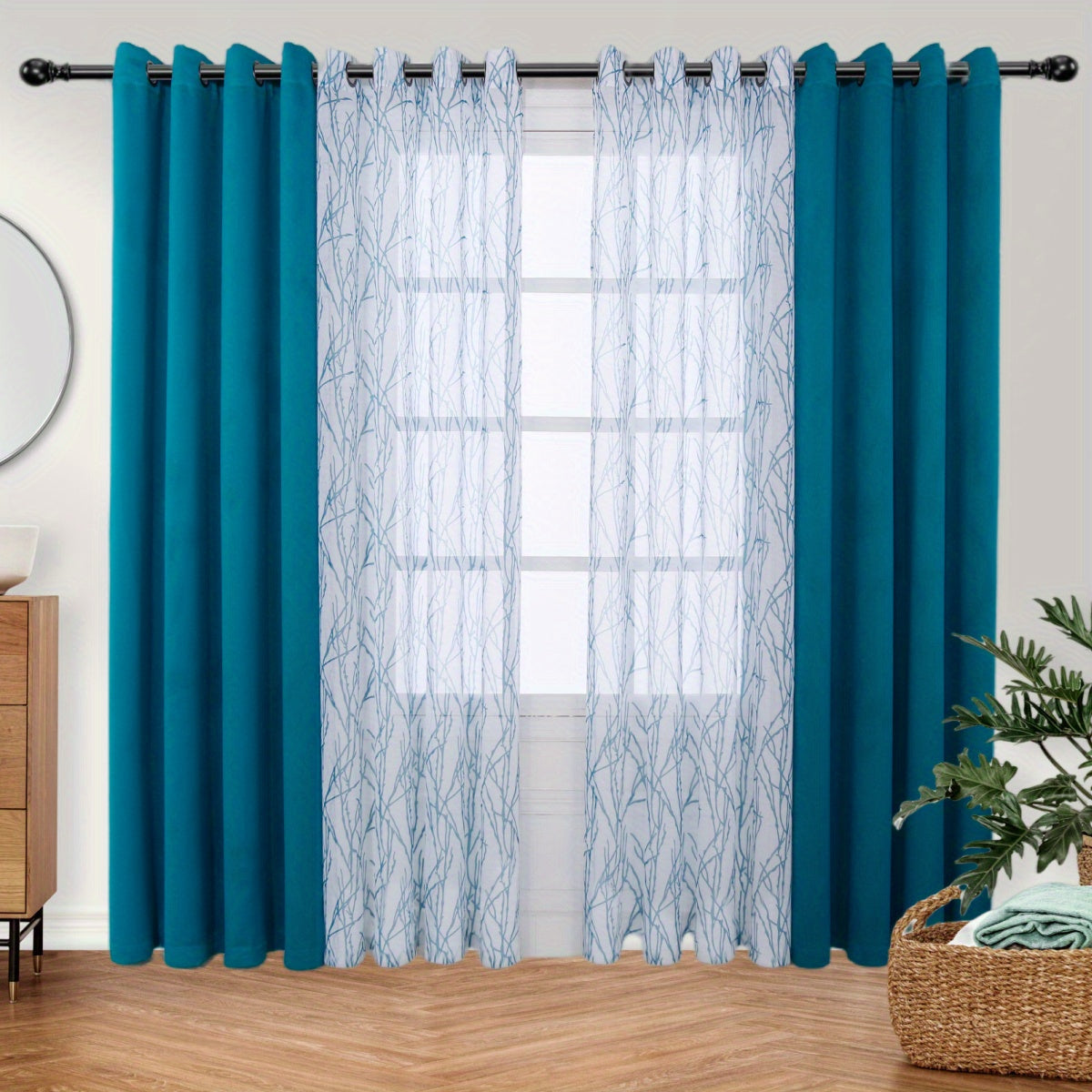 1 Panel Branch Printed Sheer Curtain + 1 Panel Blackout Curtain - Panels for Bedroom, Office, Living Room Home Decor with Grommet Top Window Drapes