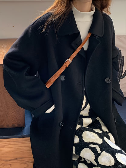 Sixsr Solid Double Breasted Pockets Overcoat, Versatile Long Sleeve Winter Warm Outwear For Fall & Winter, Women's Clothing