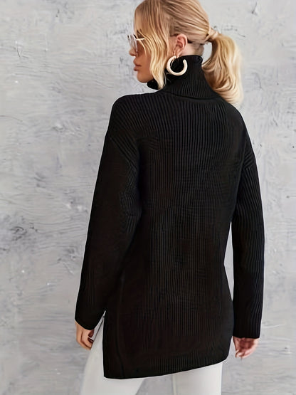 Sixsr Solid Turtle Neck Pullover Sweater, Casual Long Sleeve Split Knit Sweater, Women's Clothing