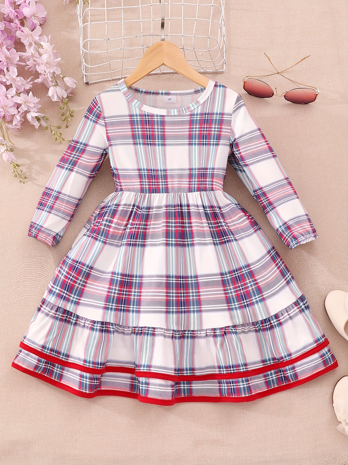 Long Sleeve Girls Stylish Dress with Allover Leaves/Houses/Animals/Cartoon/Santa Claus/Plaid Pattern and Layered Hem for Fall & Winter Christmas Party