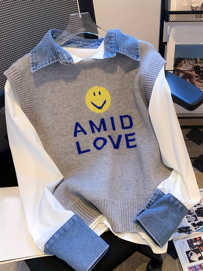 Smile Face & Letter Print Sweater Vest, Casual Sleeveless Vest For Fall & Winter, Women's Clothing