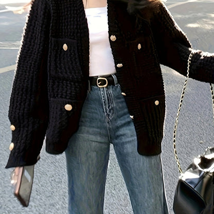 Sixsr Solid Button Down Knit Cardigan, Casual Long Sleeve Sweater Outwear With Pocket, Women's Clothing