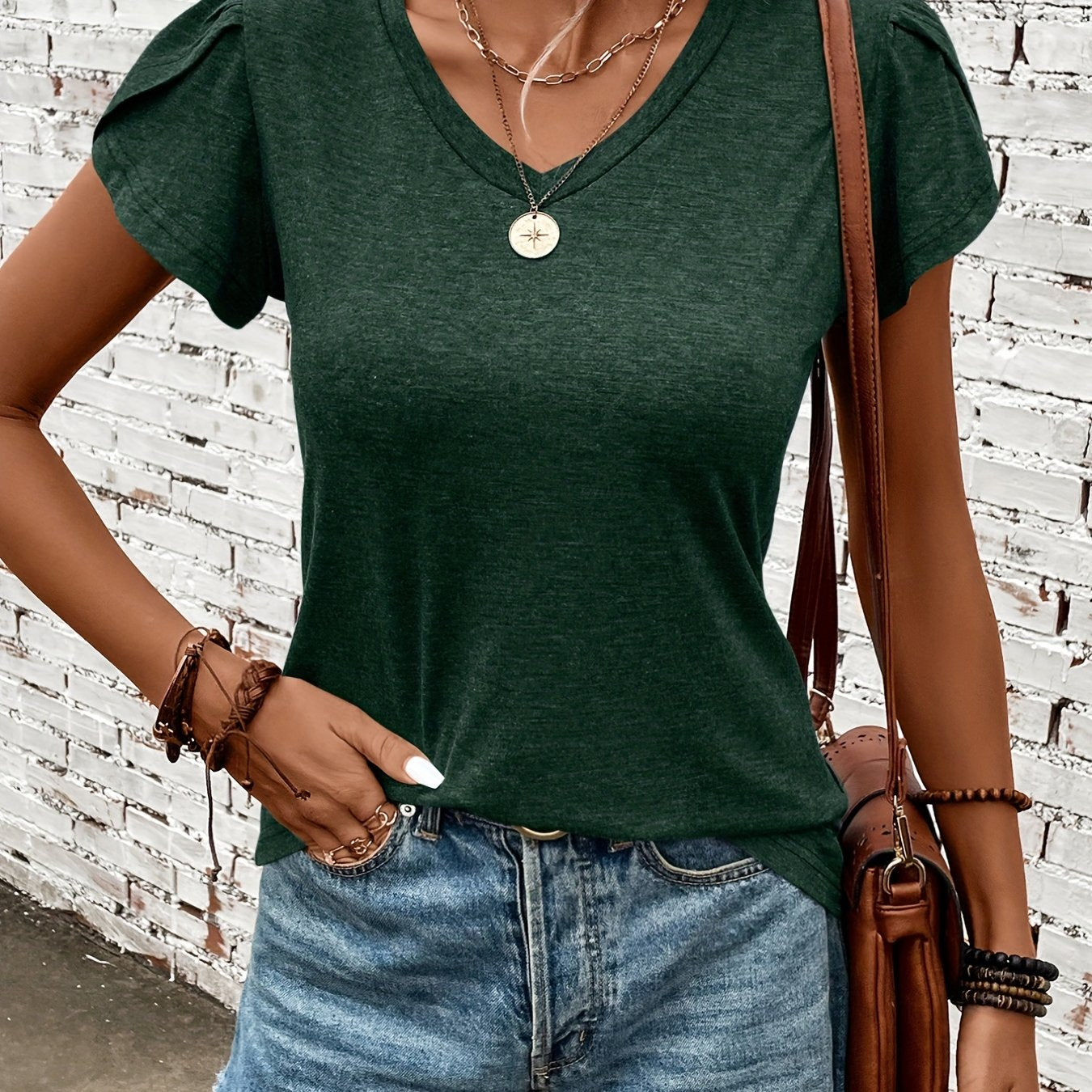 Petal Sleeve Solid T-shirt, Casual Crew Neck Simple Summer T-shirt, Women's Clothing