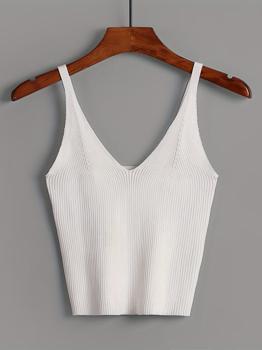 Sixsr Knitted Crop Cami Top, Sexy V Neck Casual Top For Spring & Summer, Women's Clothing