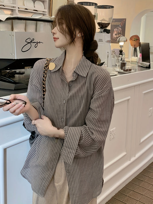 Sixsr Stripe Print Polo Collar Button Shirt, Casual Long Sleeve Shirt For Spring & Fall, Women's Clothing