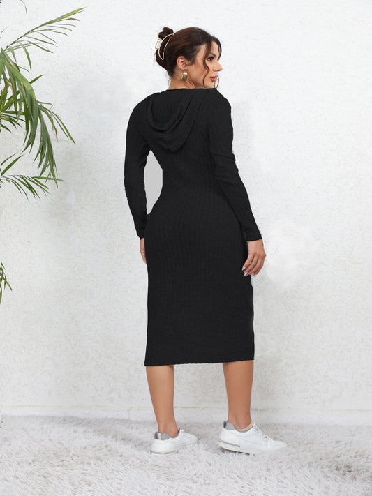 Sixsr Ribbed Knit Drawstring Hoodie Dress, Casual Long Sleeve Dress For Spring & Fall, Women's Clothing