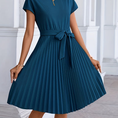 Pleated Tie Front Dress, Casual Short Sleeve Dress For Spring & Summer, Women's Clothing