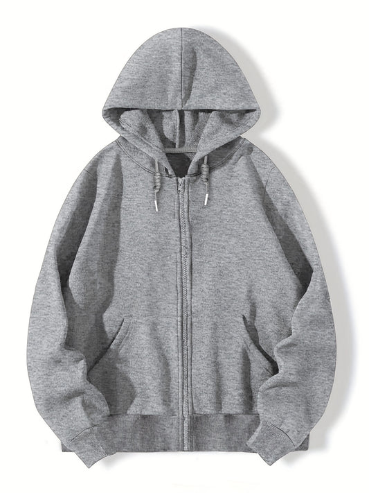 Sixsr Plus Size Casual Sweatshirt, Women's Plus Solid Zip Up Long Sleeve Drawstring Hoodie Sweatshirt With Pockets