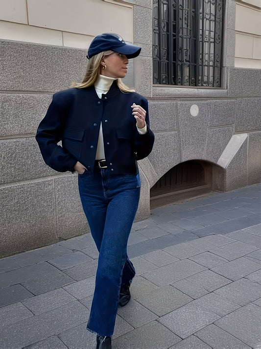 Sixsr Solid Button Front Jacket, Casual Long Sleeve Crop Outwear, Women's Clothing