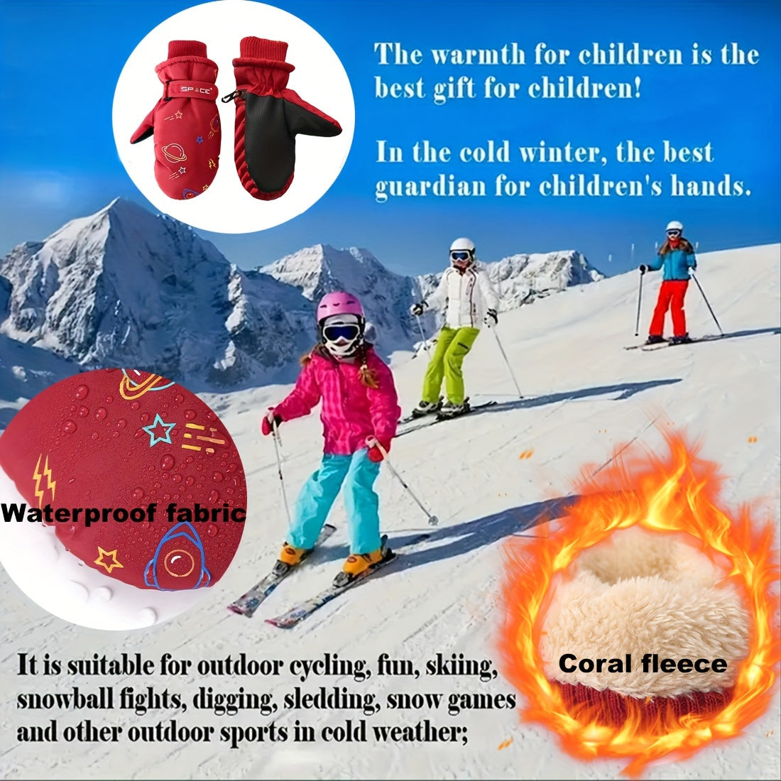 Youngsters' Winter Ski Gloves - Cozy Fleece-Lined, Waterproof & Windproof for Outdoor Cycling - Perfect Christmas Gift, Red