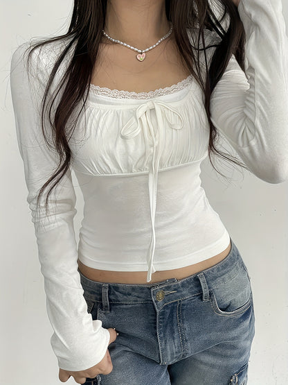 Sixsr Solid Color Contrast Lace T-Shirt, Y2K Bow Front Ruched Long Sleeve T-Shirt For Winter & Fall, Women's Clothing