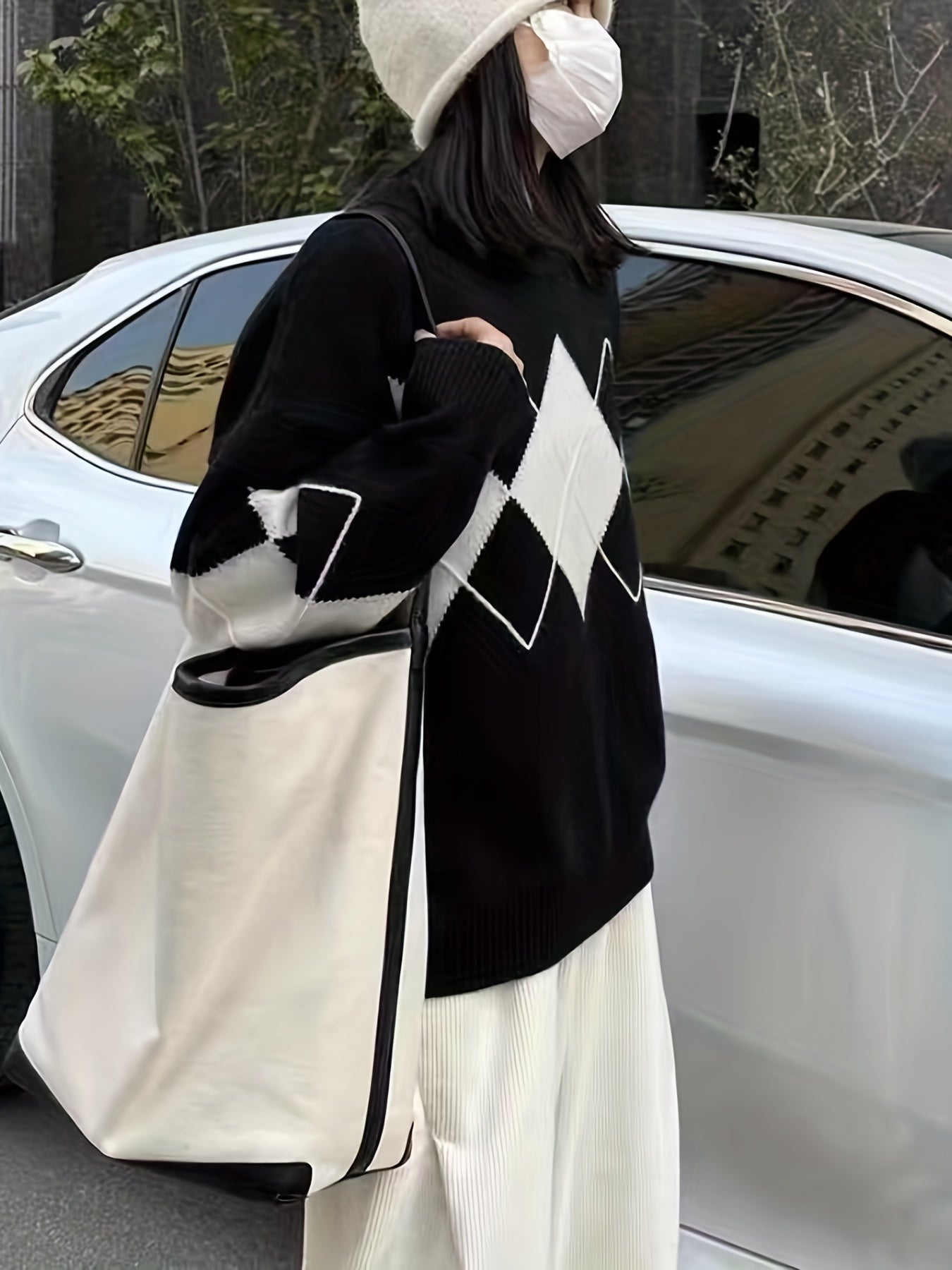 Sixsr Argyle Print Knit Sweater, Casual Crew Neck Long Sleeve Sweater, Women's Clothing