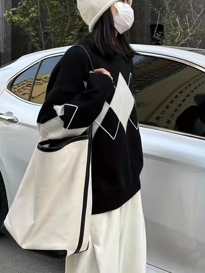 Sixsr Argyle Print Knit Sweater, Casual Crew Neck Long Sleeve Sweater, Women's Clothing