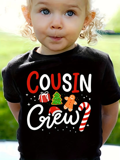 Cousin Crew Holiday Kids T-Shirt - PolyCotton Blend, Cute Crew Neck, Short Sleeve Knit Top for Summer, Christmas Tree & Candy Cane Alphabet Print, Regular Fit for Children Under 12