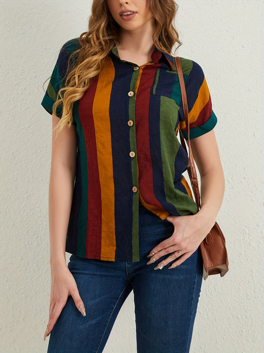 Sixsr Striped Button Front Blouse, Casual Short Sleeve Blouse For Spring & Summer, Women's Clothing