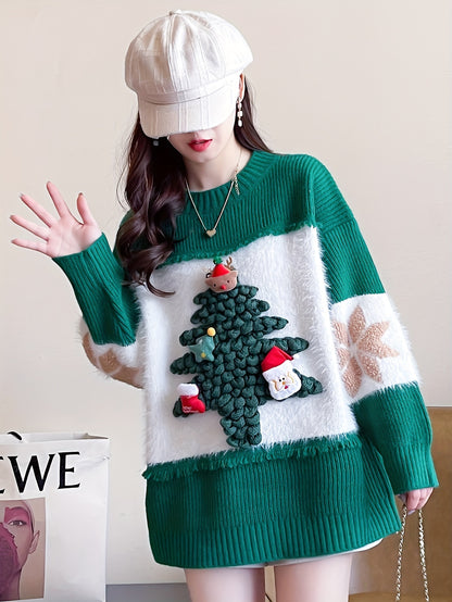 For Fall & Winter, Casual Long Sleeve Christmas Tree Decor Crew Neck Sweater, Women's Clothing