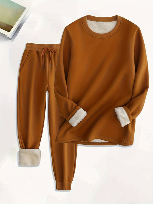 Sixsr Solid Fleece Two-piece Set, Casual Long Sleeve Sweatshirt & Drawstring Jogger Pants Outfits, Women's Clothing
