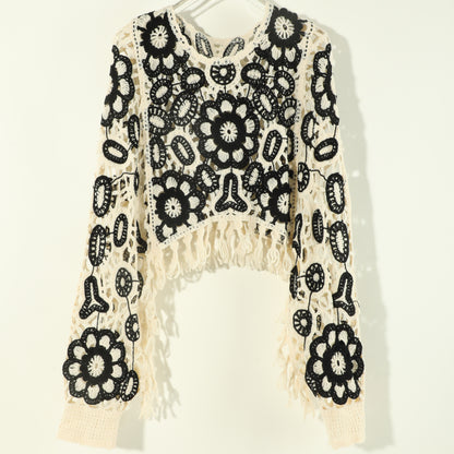 Sixsr Floral Hollow Out Tassel Shawl Elegant Long-sleeved Pullover Shawl Casual Daily Travel Versatile Coat