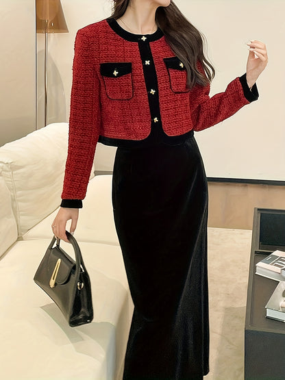 Sixsr Elegant Work Two-piece Set, Button Front Long Sleeve Tops & Solid Split Skirts Outfits, Women's Clothing