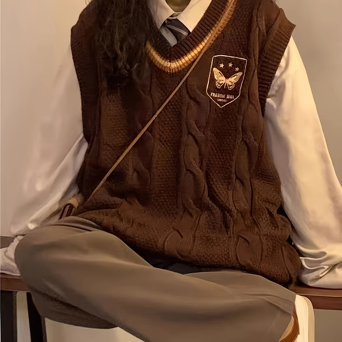 Sixsr Preppy Style V Neck Cable Knit Vest, Casual Sleeveless Loose Sweater Vest, Women's Clothing