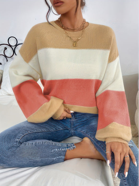 Sixsr Color Block Drop Shoulder Sweater, Casual Lantern Sleeve Pullover Knitted Top, Women's Clothing